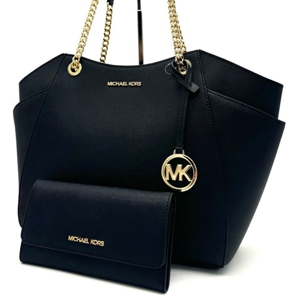 Michael Kors JST Large Chain Shoulder Tote Bag & Trifold Wallet Black/Gold - Picture 1 of 12